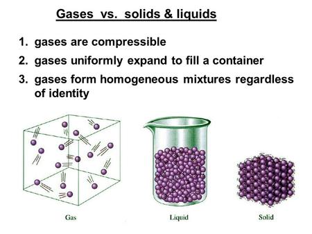 1.gases are compressible 2.gases uniformly expand to fill a container 3.gases form homogeneous mixtures regardless of identity Gases vs. solids & liquids.