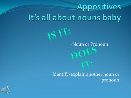 Noun or Pronoun Identify/explain another noun or pronoun.