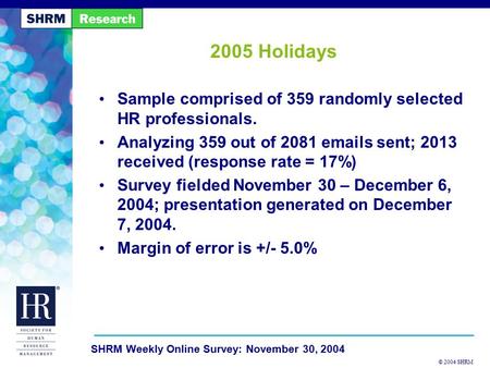© 2004 SHRM SHRM Weekly Online Survey: November 30, 2004 2005 Holidays Sample comprised of 359 randomly selected HR professionals. Analyzing 359 out of.