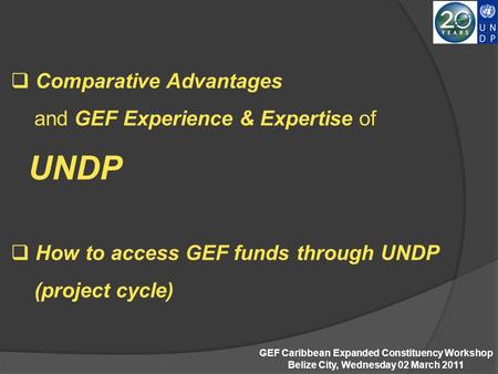  Comparative Advantages and GEF Experience & Expertise of UNDP  How to access GEF funds through UNDP (project cycle) GEF Caribbean Expanded Constituency.