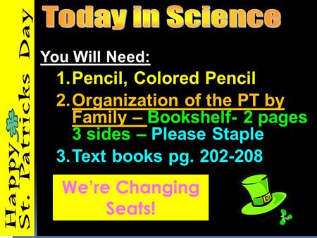 You Will Need: 1.Pencil, Colored Pencil 2.Organization of the PT by Family – Bookshelf- 2 pages 3 sides – Please Staple 3.Text books pg. 202-208 We’re.