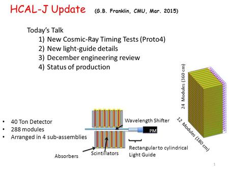 HCAL-J Update (G.B. Franklin, CMU, Mar. 2015) 40 Ton Detector 288 modules Arranged in 4 sub-assemblies 24 Modules (360 cm) 12 Modules (180 cm) 1 Absorbers.