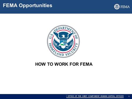DRAFT/PRE-DECISIONAL 1 OFFICE OF THE CHIEF COMPONENT HUMAN CAPITAL OFFICER 1. FEMA Opportunities HOW TO WORK FOR FEMA.