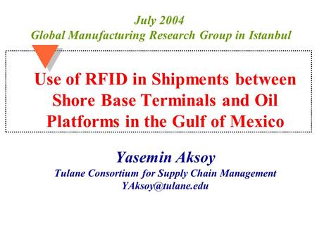 Use of RFID in Shipments between Shore Base Terminals and Oil Platforms in the Gulf of Mexico Yasemin Aksoy Tulane Consortium for Supply Chain Management.