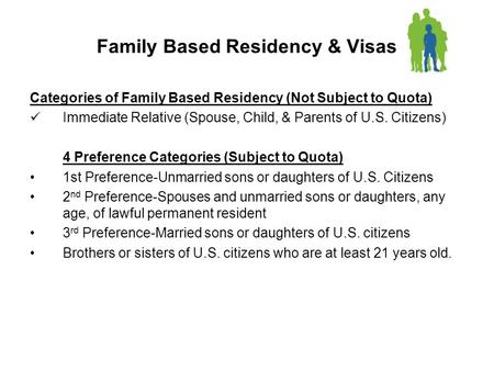 Family Based Residency & Visas Categories of Family Based Residency (Not Subject to Quota) Immediate Relative (Spouse, Child, & Parents of U.S. Citizens)
