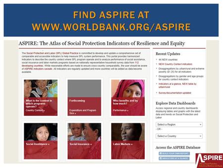 FIND ASPIRE AT WWW.WORLDBANK.ORG/ASPIRE. 1.Administrative program level data:  Official government reports /website  Directly provided by government.