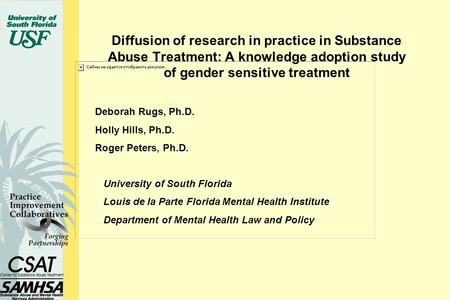 Diffusion of research in practice in Substance Abuse Treatment: A knowledge adoption study of gender sensitive treatment Deborah Rugs, Ph.D. Holly Hills,