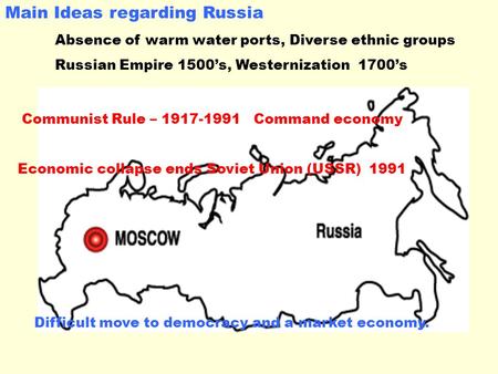Main Ideas regarding Russia Absence of warm water ports, Diverse ethnic groups Russian Empire 1500’s, Westernization 1700’s Communist Rule – 1917-1991.