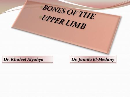 BONES OF THE UPPER LIMB Dr. Khaleel Alyahya Dr. Jamila El-Medany.