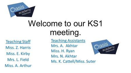 Welcome to our KS1 meeting. Teaching Staff Miss. Z. Harris Miss. E. Kirby Mrs. L. Field Miss. A. Arthur Teaching Assistants Mrs. A. Akhtar Miss. H. Ryan.