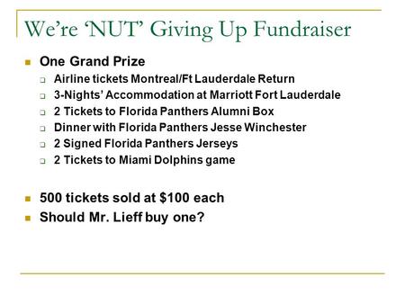 We’re ‘NUT’ Giving Up Fundraiser One Grand Prize  Airline tickets Montreal/Ft Lauderdale Return  3-Nights’ Accommodation at Marriott Fort Lauderdale.