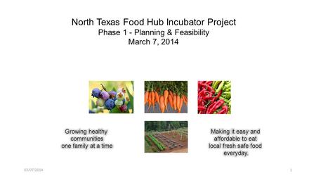 North Texas Food Hub Incubator Project Phase 1 - Planning & Feasibility March 7, 2014 103/07/2014.