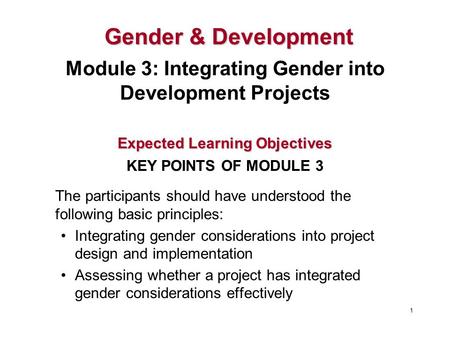 The participants should have understood the following basic principles: Integrating gender considerations into project design and implementation Assessing.