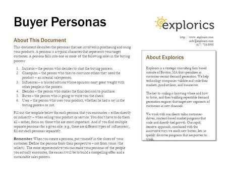 Buyer Personas About This Document This document describes the personas that are involved in purchasing and using your products. A persona is a typical.