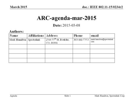 March 2015 Agenda doc.: IEEE 802.11-15/0234r2 Mark Hamilton, Spectralink Corp.Slide 1 ARC-agenda-mar-2015 Date: 2015-03-08 Authors: