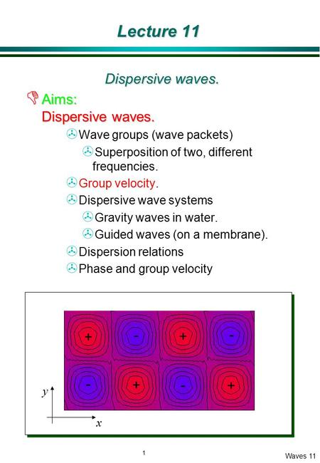 1 Waves 11 Lecture 11 Dispersive waves. D Aims: Dispersive waves. > Wave groups (wave packets) > Superposition of two, different frequencies. > Group velocity.