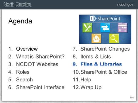 Agenda 104 1.Overview 2.What is SharePoint? 3.NCDOT Websites 4.Roles 5.Search 6.SharePoint Interface.