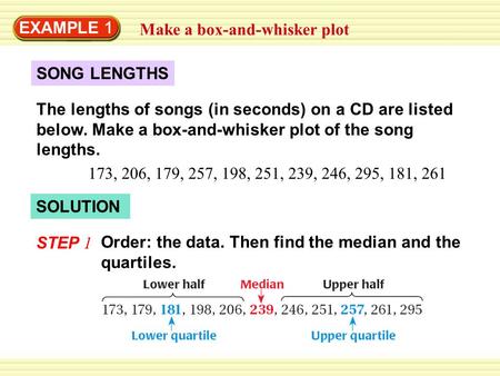 EXAMPLE 1 Make a box-and-whisker plot SONG LENGTHS The lengths of songs (in seconds) on a CD are listed below. Make a box-and-whisker plot of the song.