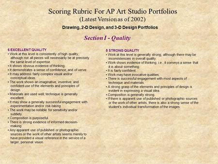 Scoring Rubric For AP Art Studio Portfolios (Latest Version as of 2002) 6 EXCELLENT QUALITY Work at this level is consistently of high quality, although.