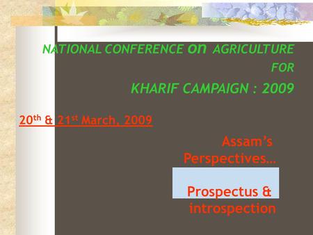 NATIONAL CONFERENCE on AGRICULTURE FOR KHARIF CAMPAIGN : 2009 20 th & 21 st March, 2009 Assam’s Perspectives… Prospectus & introspection.