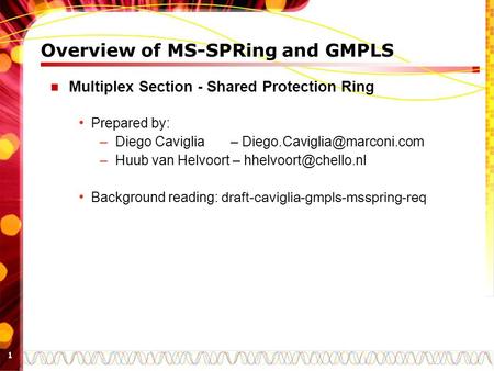 1 Overview of MS-SPRing and GMPLS Multiplex Section - Shared Protection Ring Prepared by: –Diego Caviglia – –Huub van Helvoort.