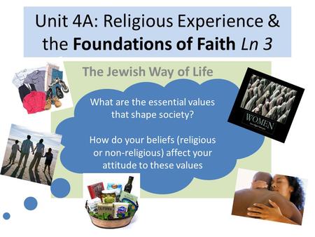 Unit 4A: Religious Experience & the Foundations of Faith Ln 3 The Jewish Way of Life What are the essential values that shape society? How do your beliefs.