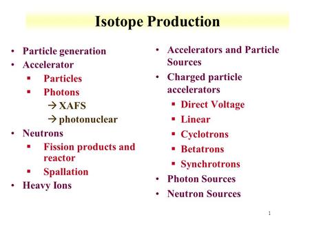 1 Isotope Production Particle generation Accelerator §Particles §Photons àXAFS àphotonuclear Neutrons §Fission products and reactor §Spallation Heavy Ions.