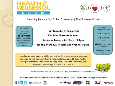 Saturday January 24, 2015  10am – 4pm | Flint Farmers Market Join Cumulus Media at the The Flint Farmers Market Saturday, January 24 10am till 4pm for.