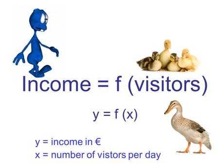 Income = f (visitors) y = f (x) y = income in € x = number of vistors per day.