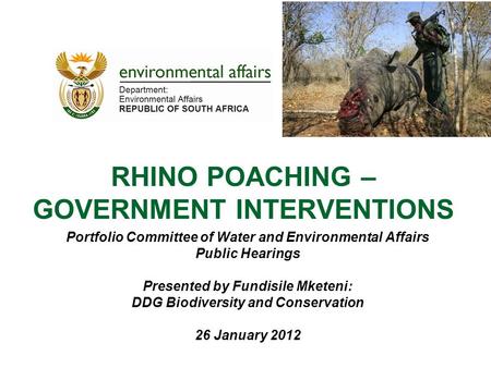 RHINO POACHING – GOVERNMENT INTERVENTIONS Portfolio Committee of Water and Environmental Affairs Public Hearings Presented by Fundisile Mketeni: DDG Biodiversity.