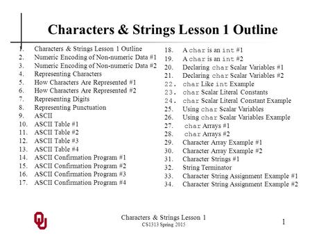 Characters & Strings Lesson 1 CS1313 Spring 2015 1 Characters & Strings Lesson 1 Outline 1.Characters & Strings Lesson 1 Outline 2.Numeric Encoding of.