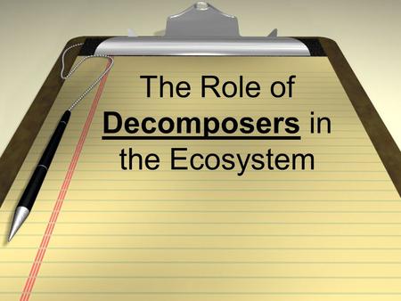 The Role of Decomposers in the Ecosystem. What are Decomposers? Decomposers are organisms that use dead plant & material as food. Breaks down dead things,
