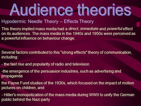 Audience theories Hypodermic Needle Theory – Effects Theory