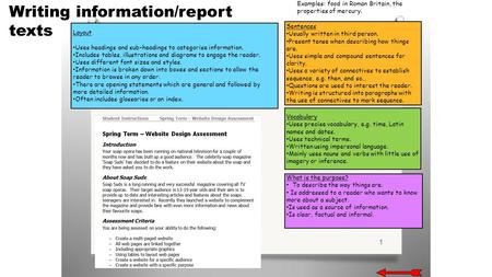 1 Writing information/report texts Layout Uses headings and sub-headings to categorise information. Includes tables, illustrations and diagrams to engage.