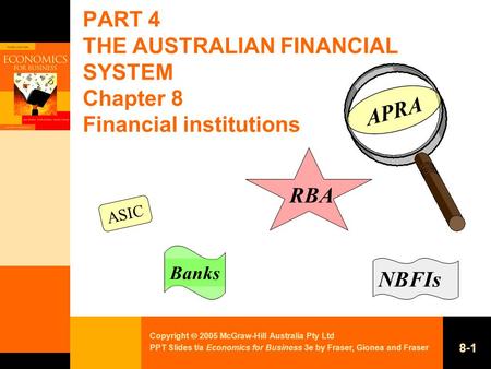 Copyright  2005 McGraw-Hill Australia Pty Ltd PPT Slides t/a Economics for Business 3e by Fraser, Gionea and Fraser 8-1 PART 4 THE AUSTRALIAN FINANCIAL.