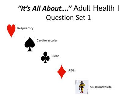 “It’s All About….” Adult Health I Question Set 1 Respiratory Cardiovascular Renal ABGs Musculoskeletal.