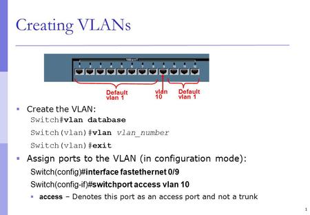 Creating VLANs  Create the VLAN: Switch#vlan database Switch(vlan)#vlan vlan_number Switch(vlan)#exit  Assign ports to the VLAN (in configuration mode):