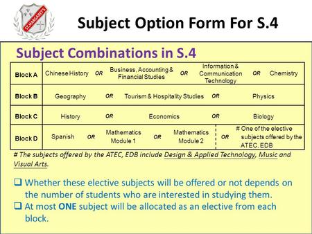 Subject Option Form For S.4 Subject Combinations in S.4 Block A Chinese History OR Business, Accounting & Financial Studies OR Information & Communication.