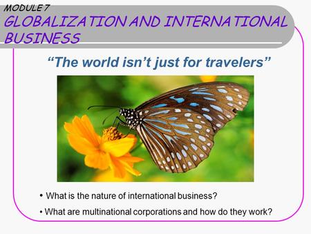 MODULE 7 GLOBALIZATION AND INTERNATIONAL BUSINESS “The world isn’t just for travelers” What is the nature of international business? What are multinational.