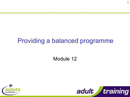 1 Providing a balanced programme Module 12. 2 Objectives By the end of the course you will be able to: Explain how the balanced programme meets the Scout.