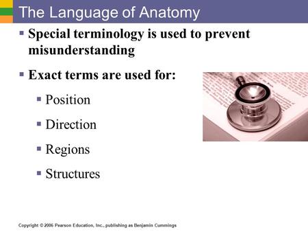 Copyright © 2006 Pearson Education, Inc., publishing as Benjamin Cummings The Language of Anatomy  Special terminology is used to prevent misunderstanding.