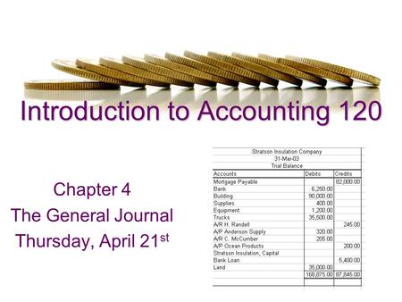Introduction to Accounting 120 Chapter 4 The General Journal Thursday, April 21 st.
