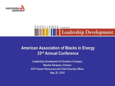 American Association of Blacks in Energy 33 rd Annual Conference Leadership Development at Southern Company Marsha Sampson Johnson SVP Human Resources.