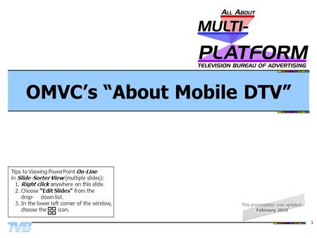 1 OMVC’s “About Mobile DTV” Tips to Viewing PowerPoint On-Line in Slide-Sorter View (multiple slides): 1.Right click anywhere on this slide. 2.Choose “Edit.