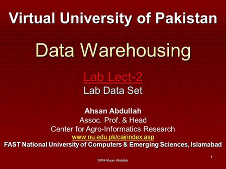 DWH-Ahsan Abdullah 1 Data Warehousing Lab Lect-2 Lab Data Set Virtual University of Pakistan Ahsan Abdullah Assoc. Prof. & Head Center for Agro-Informatics.