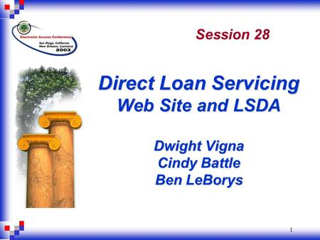 1 Direct Loan Servicing Web Site and LSDA Dwight Vigna Cindy Battle Ben LeBorys Session 28.