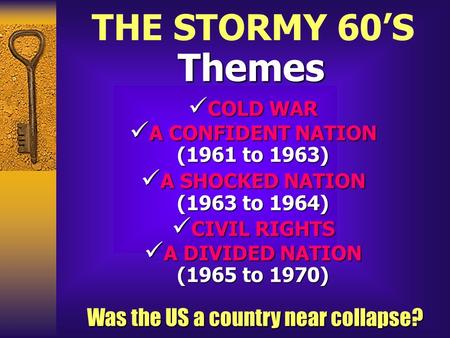 Themes COLD WAR COLD WAR A CONFIDENT NATION (1961 to 1963)‏ A CONFIDENT NATION (1961 to 1963)‏ A SHOCKED NATION (1963 to 1964)‏ A SHOCKED NATION (1963.