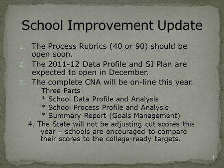 1. The Process Rubrics (40 or 90) should be open soon. 2. The 2011-12 Data Profile and SI Plan are expected to open in December. 3. The complete CNA will.