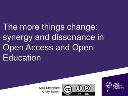 The more things change: synergy and dissonance in Open Access and Open Education Nick Sheppard Kirsty Bower.