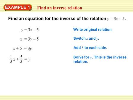 EXAMPLE 1 Find an inverse relation Find an equation for the inverse of the relation y = 3x – 5. Write original relation. y = 3x – 5 Switch x and y. x =